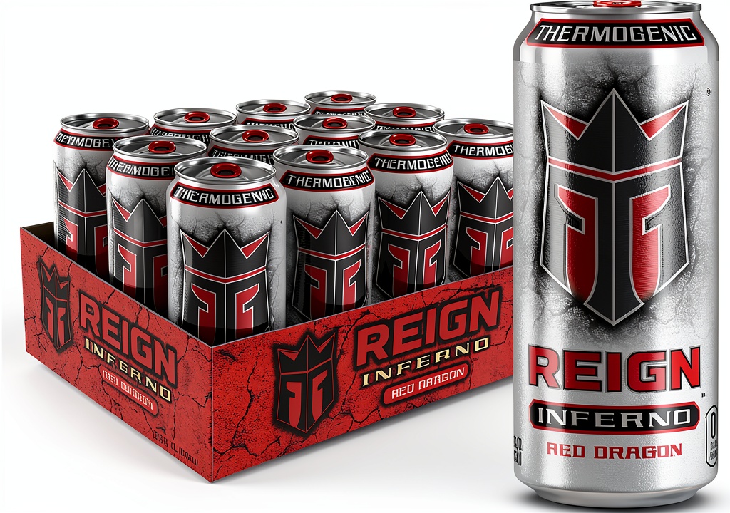 Reign Inferno energy drink cans in a 12-pack display