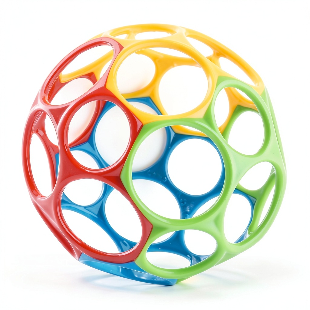 Oball Baby Toy Ball being held by an infant, showcasing the flexible grip and bright red‑yellow colors