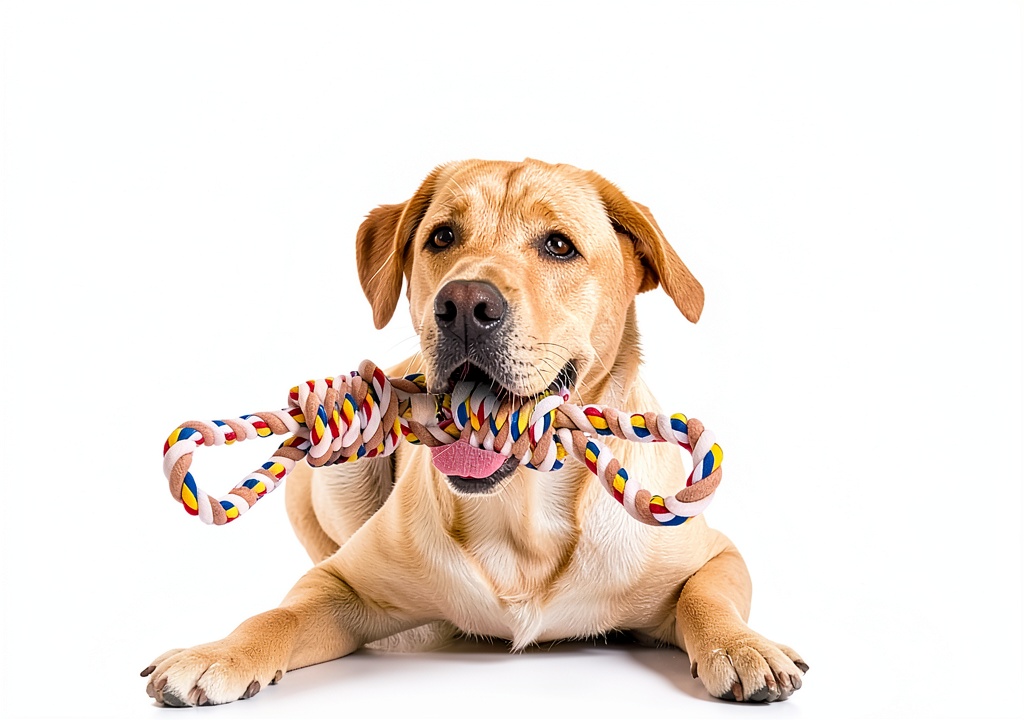 REFEVENO durable cotton dog rope toy being tugged by a medium‑size Labrador on a backyard lawn