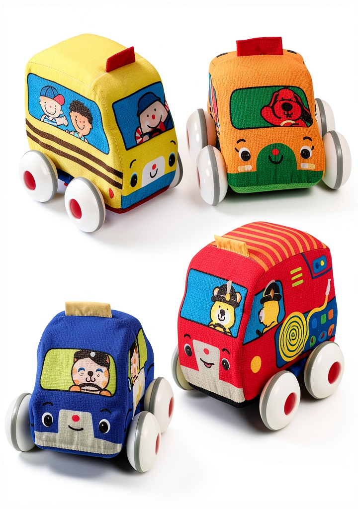 Melissa Doug soft toy cars set displayed on a nursery rug