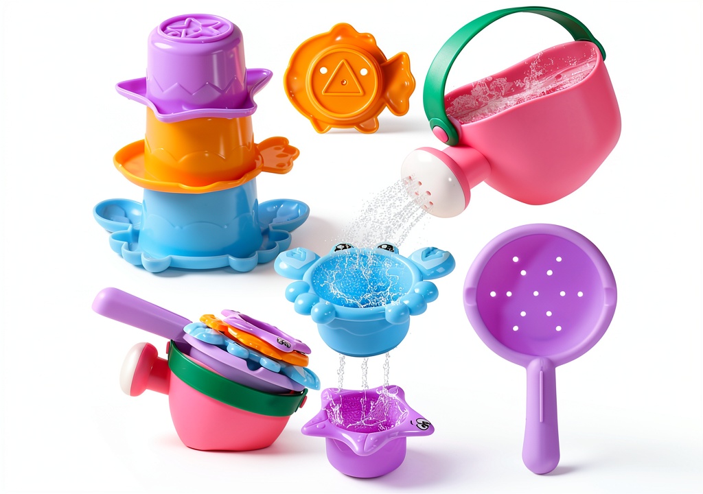 Fajiabao bath toys set with watering can and animal cups in use