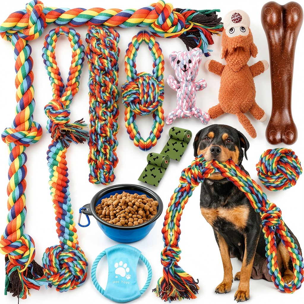 XLMYS dog rope toy set displayed with colorful ropes and accessories