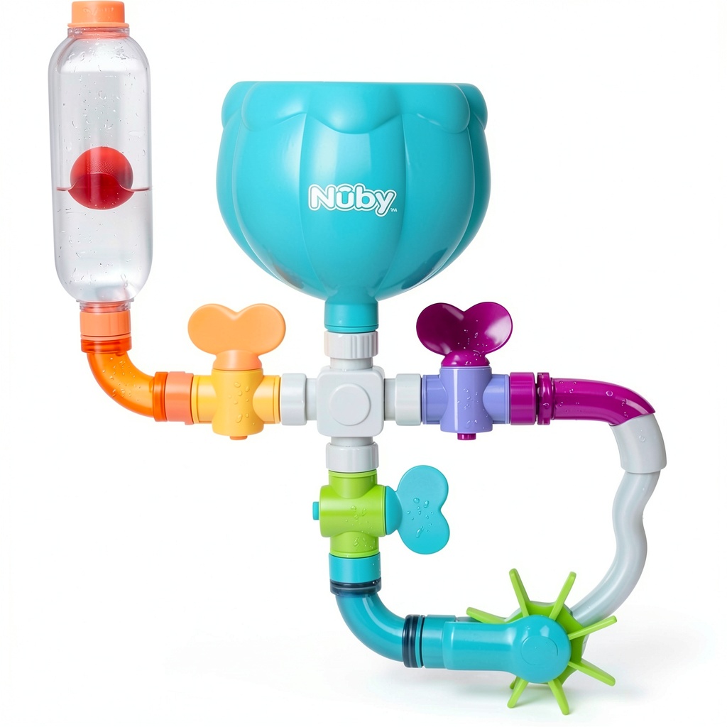 Nuby Wacky Waterworks attached to shower wall with water flowing through pipes