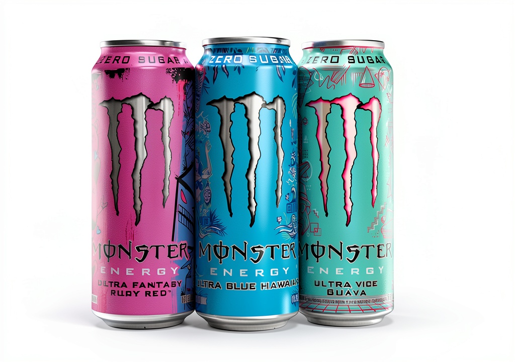 Monster Energy Ultra cans displayed on a gym bench